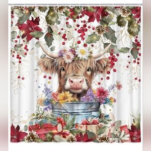 NEW Highland Cow Shower Curtain Poinsettias Holly Christmas Holiday Set w/ Hooks